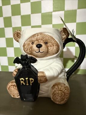 Teddy Bear Halloween Coffin Mug - White & Brown